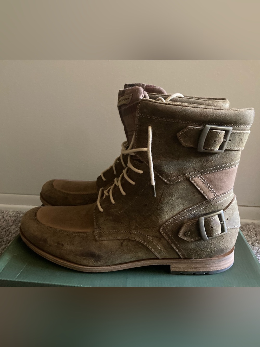 Rockport Barbour Olive Brown Suede Lace-Up Buckle Boots